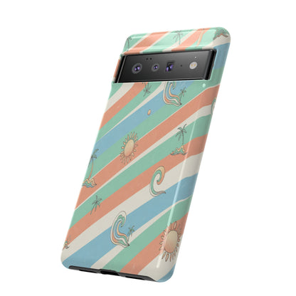 Retro Beach Stripes Phone Case — Sun, Waves & Palm Pattern Tough Case