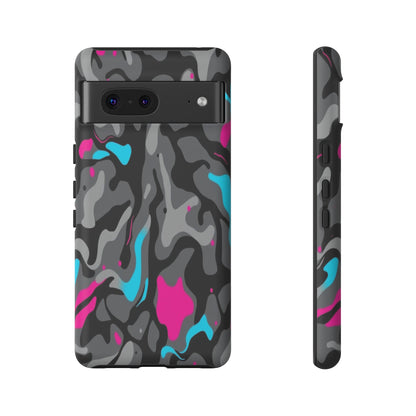 Camouflage Phone Case — Gray Camo with Neon Pink & Cyan Accent Tough Protective Cover