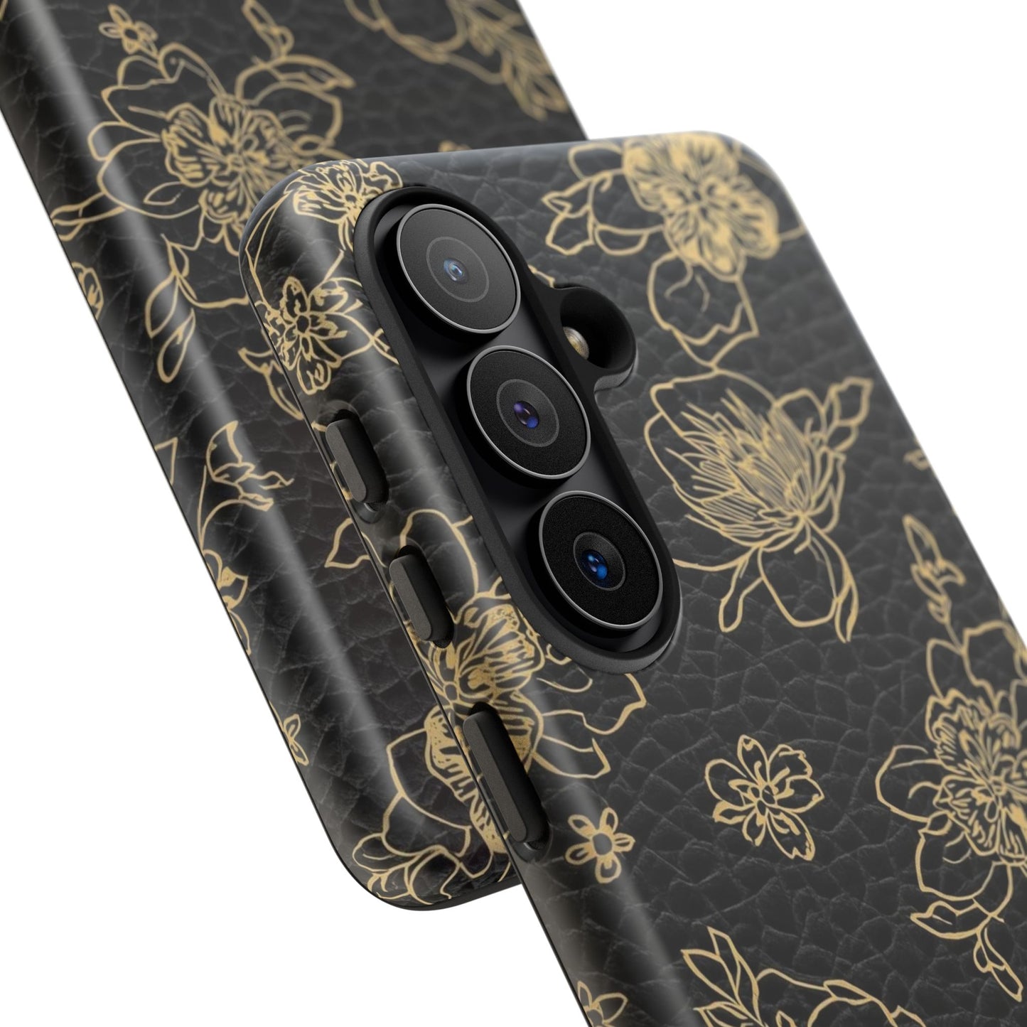 Floral Leather Phone Case — Gold Outline Flowers on Black Tough Case