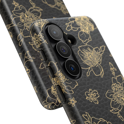 Floral Leather Phone Case — Gold Outline Flowers on Black Tough Case