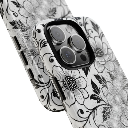 Floral Lace Phone Case — Black & White Vintage Flower Protective Case
