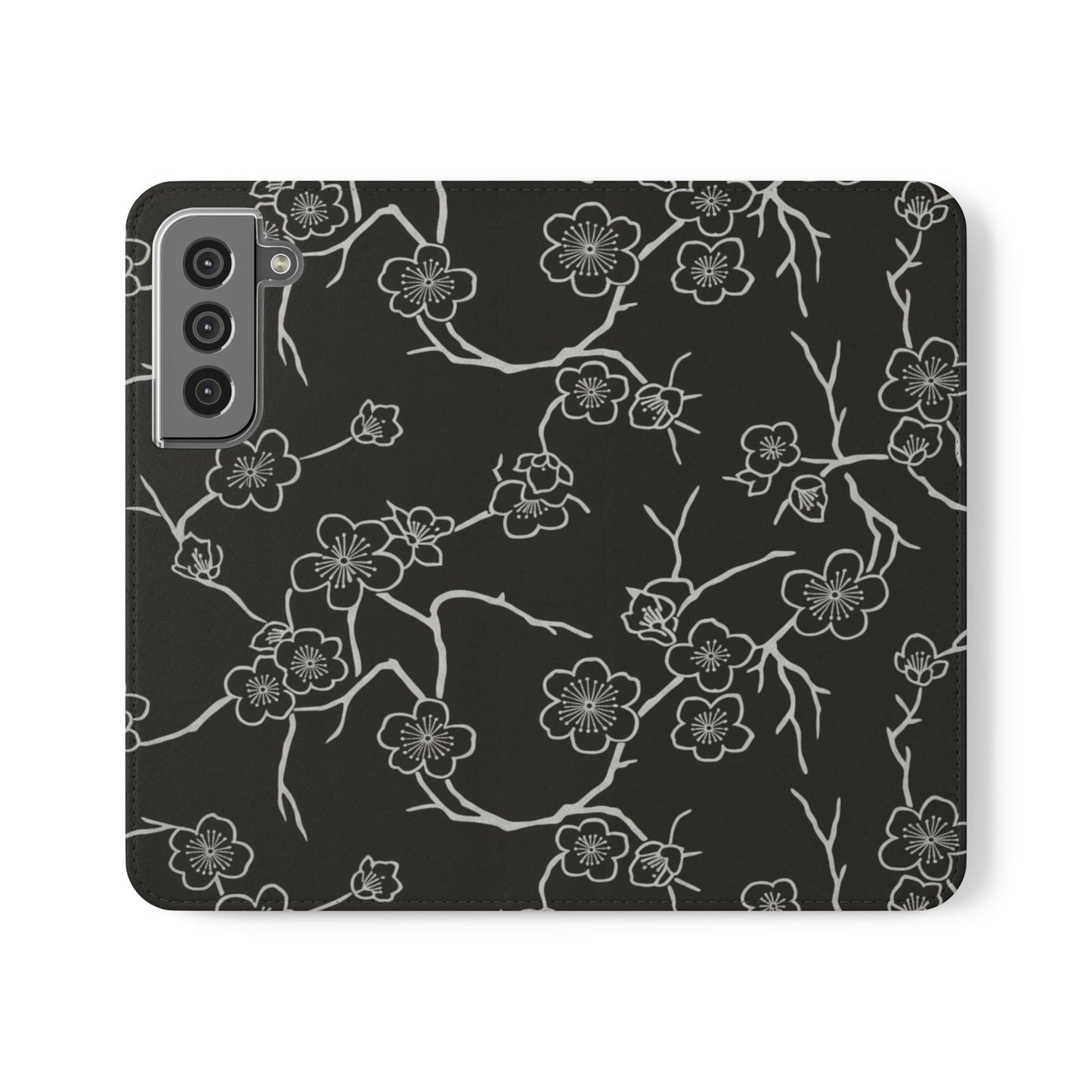 Black Cherry Blossom Flip Phone Case – Floral Wallet Flip Case with Card Slots
