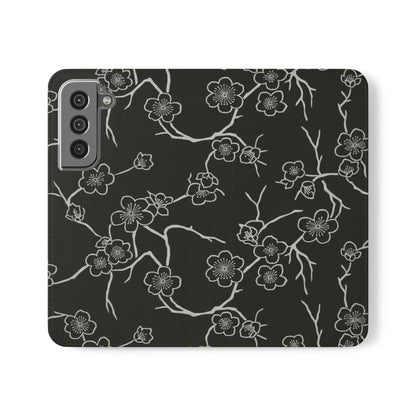 Black Cherry Blossom Flip Phone Case – Floral Wallet Flip Case with Card Slots