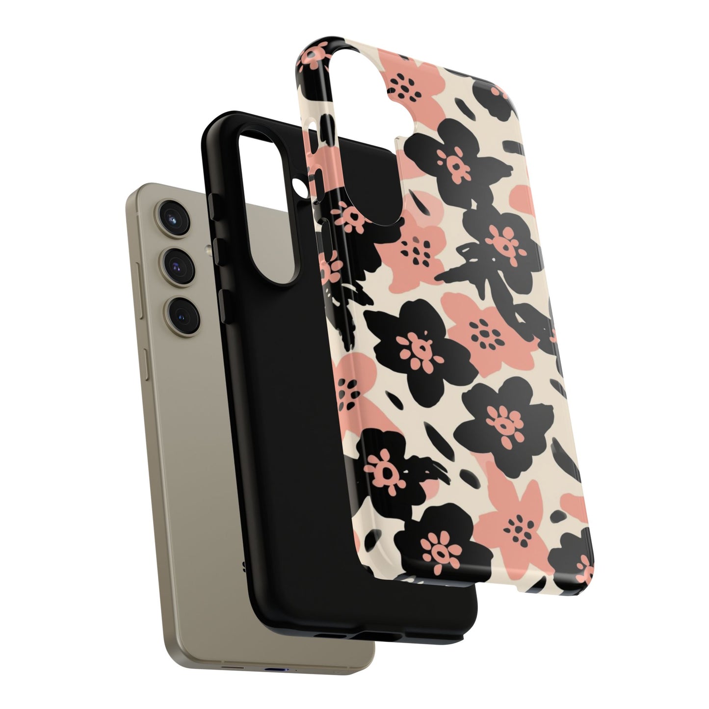 Floral Phone Case — Pink & Black Retro Blossom Protective Cover