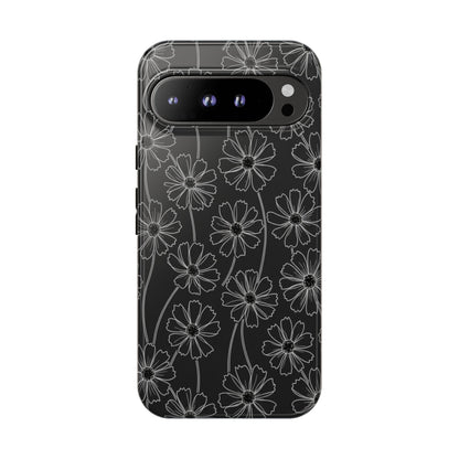 Floral Doodle Tough Phone Case — Black & Gray Daisy Pattern