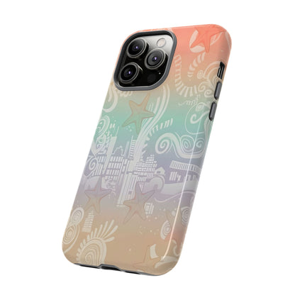 Tough Cases: Pastel Beach Pattern Phone Case — Starfish & Coastal Cityscape Protective Cover