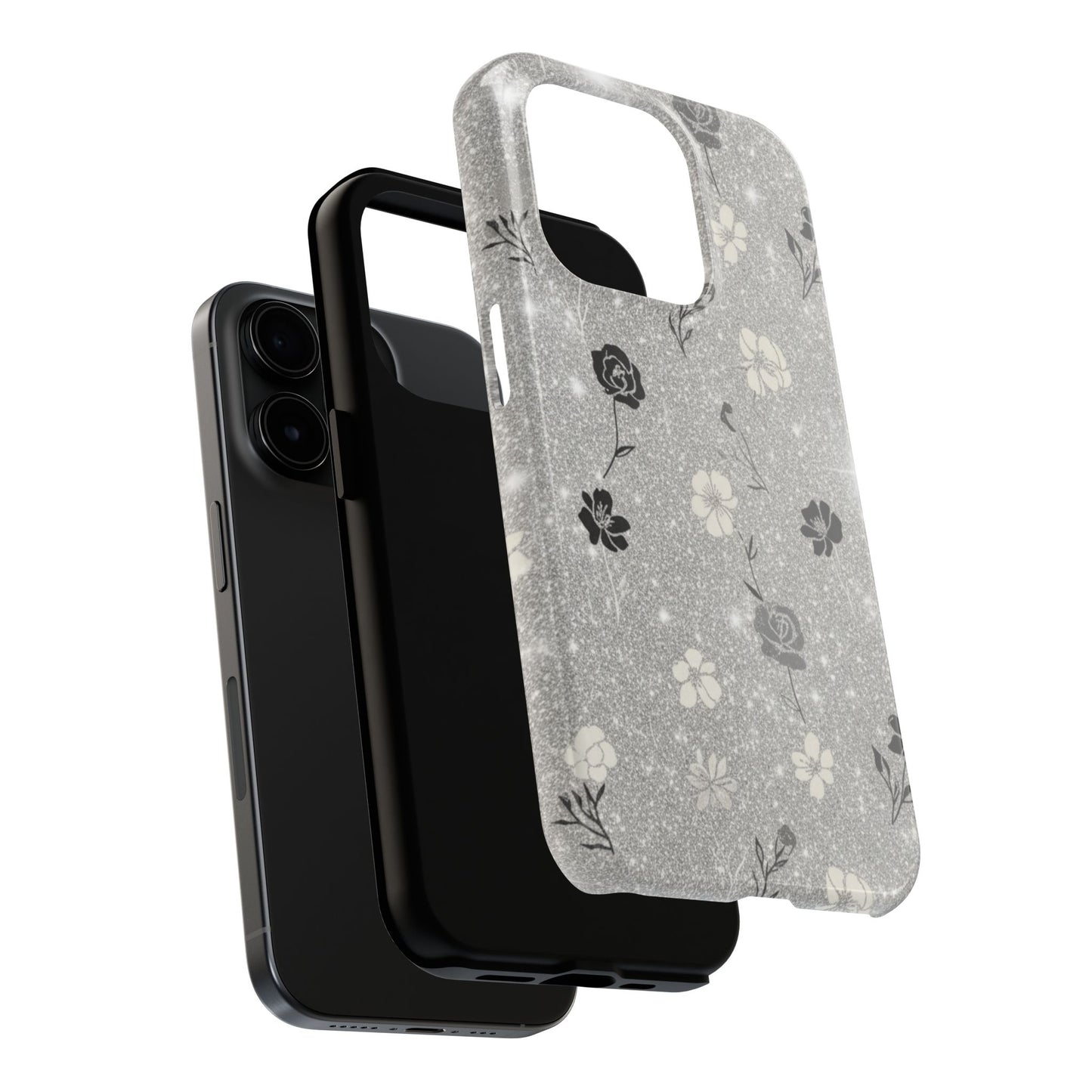 Floral Glitter Tough Phone Case — Black & Silver Vintage Flower Protective Cover