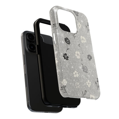 Floral Glitter Tough Phone Case — Black & Silver Vintage Flower Protective Cover