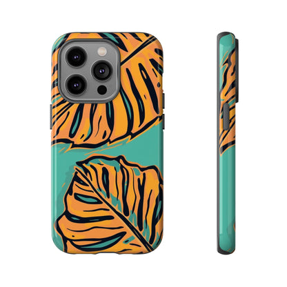 Tropical Leaf Tough Phone Case — Orange Monstera Design on Teal