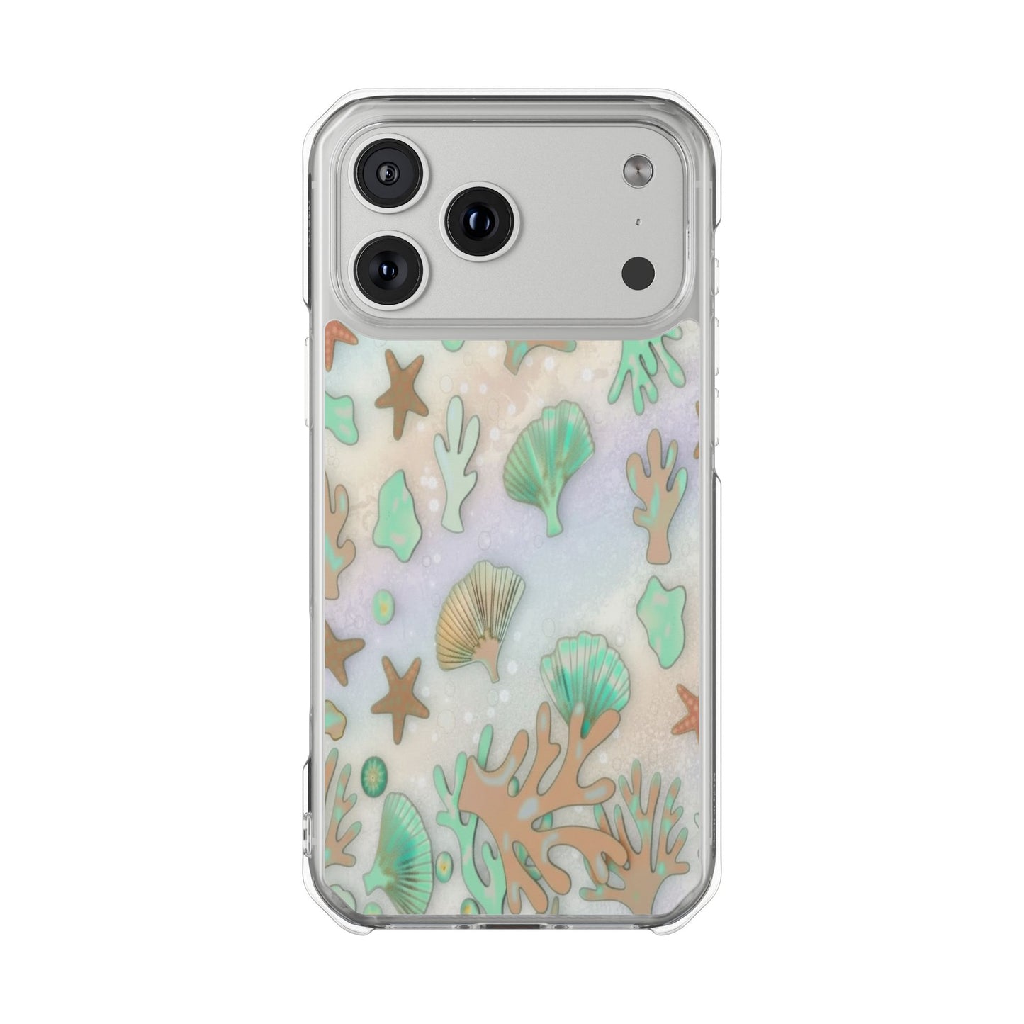 Clear Magnetic Phone Case — Iridescent Ocean Shells & Coral Design