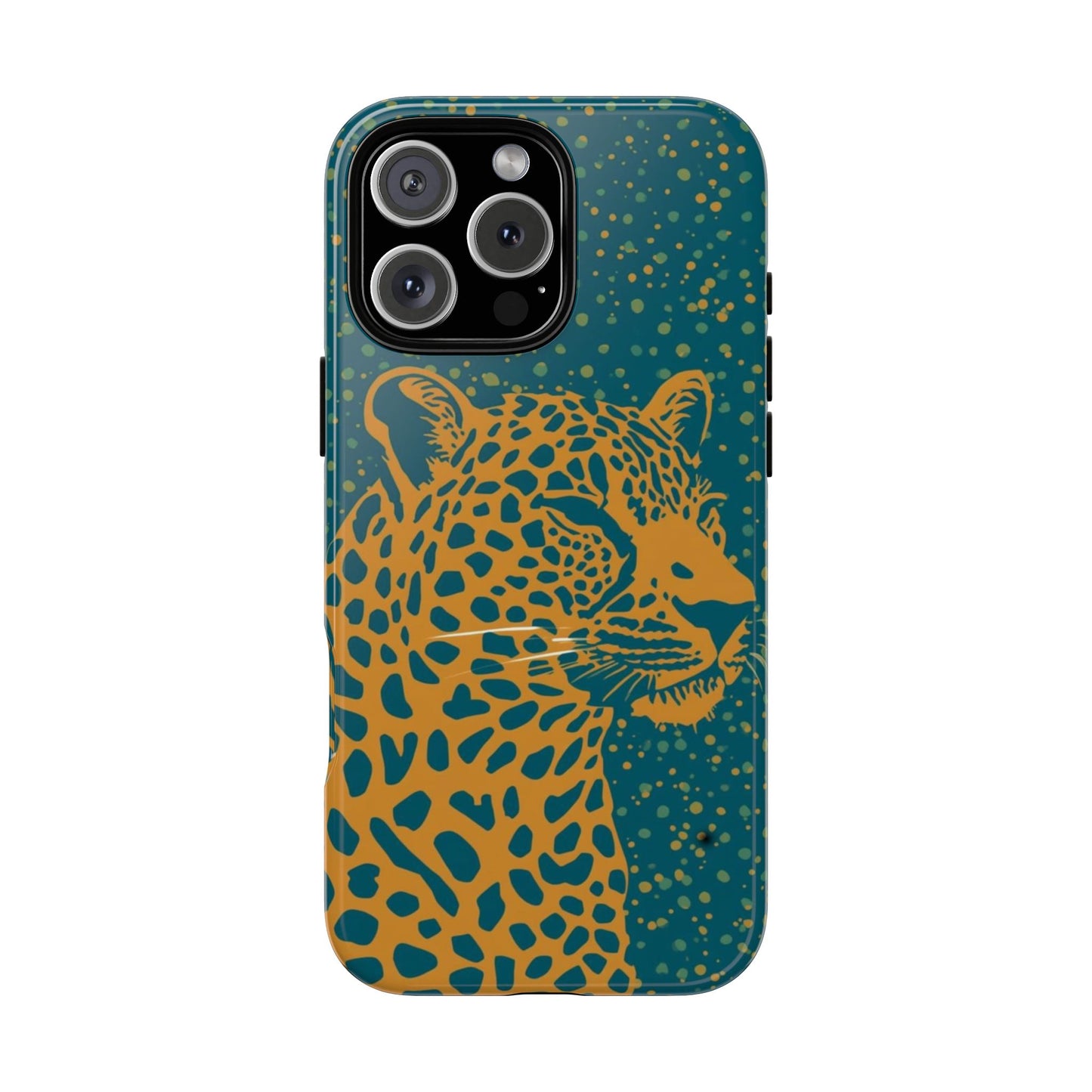 Leopard Print Tough Phone Case — Gold Panther on Teal, Protective iPhone Cover