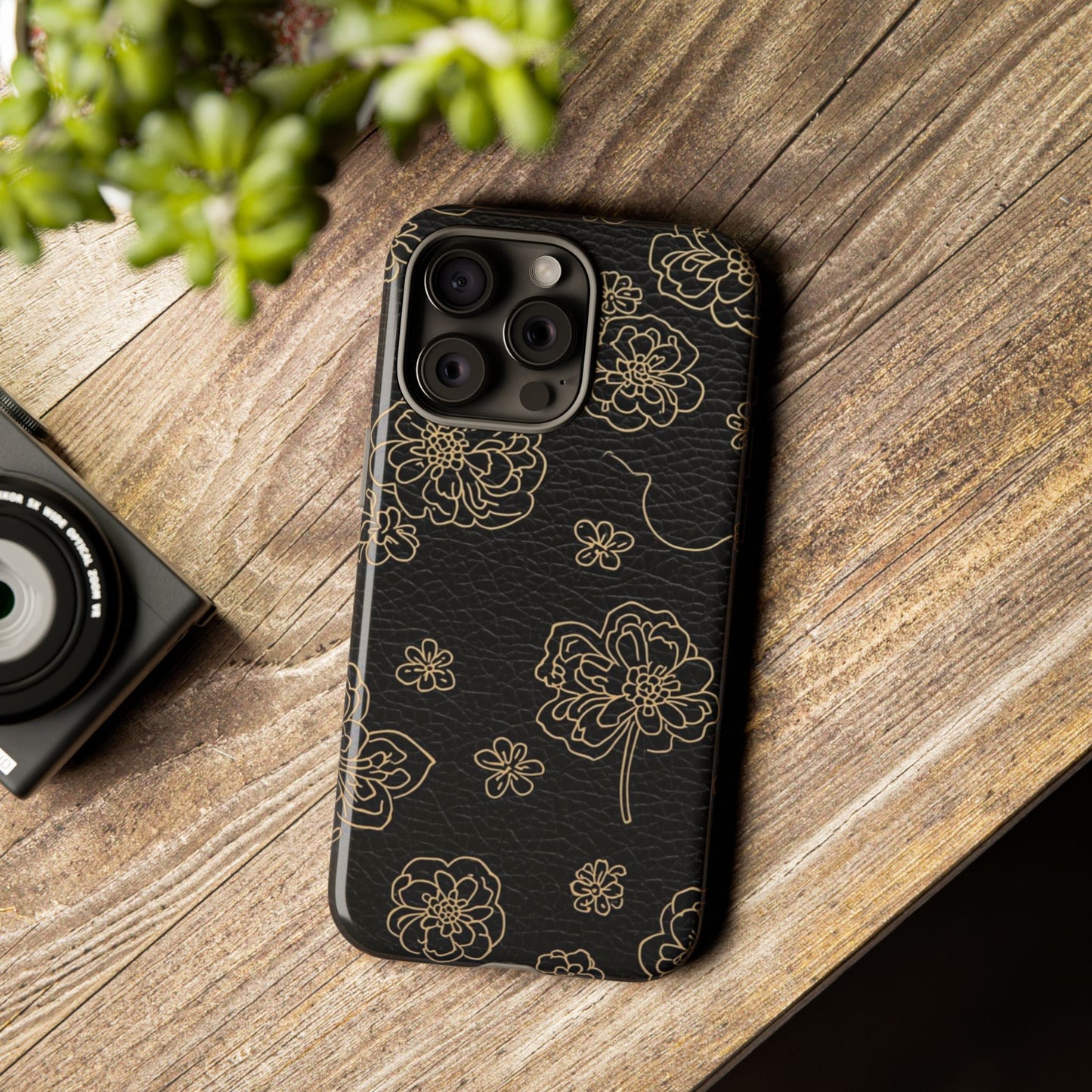 Floral Leather-Texture Tough Case – Black Gold Outline Phone Cover