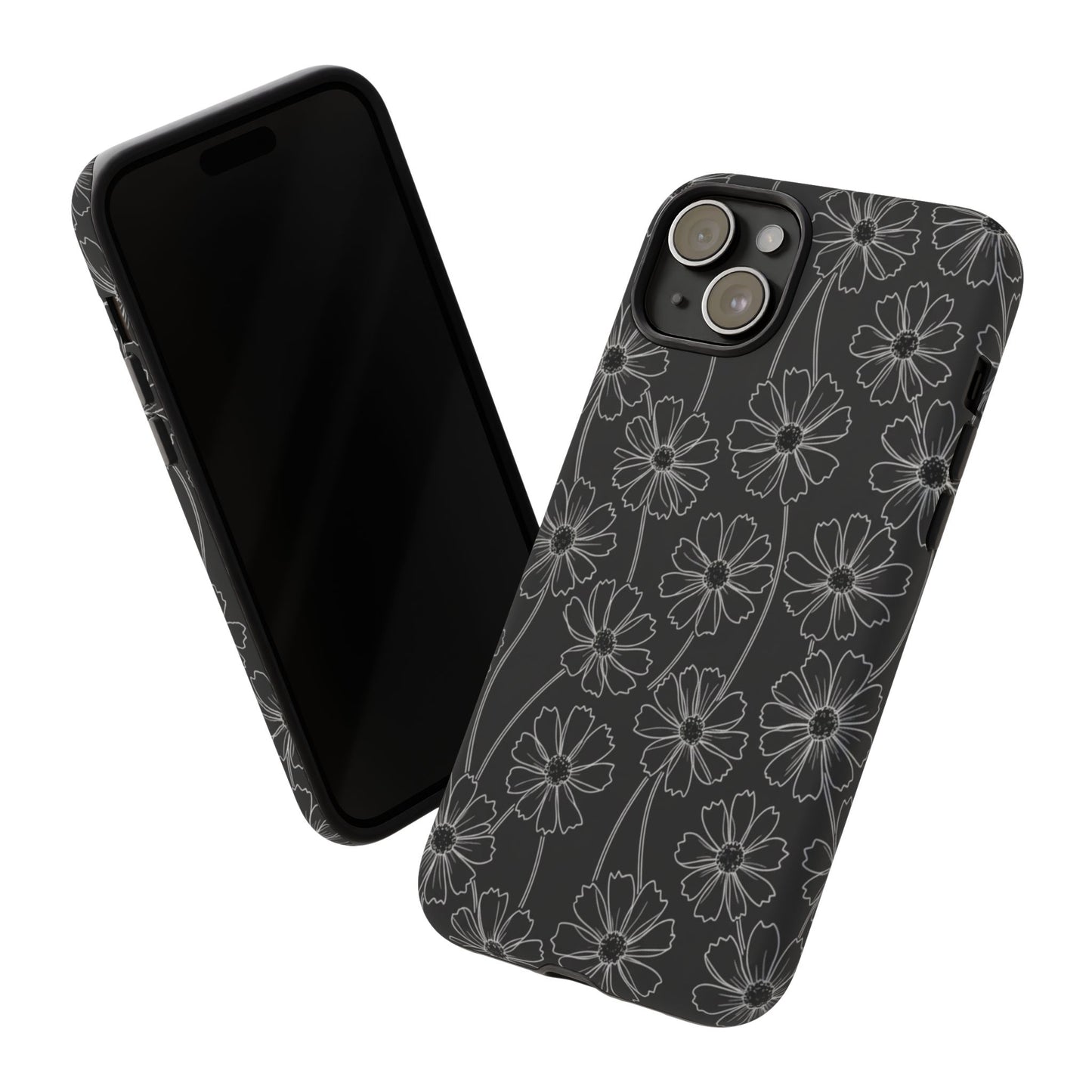 Floral Doodle Tough Phone Case — Black & Gray Daisy Pattern