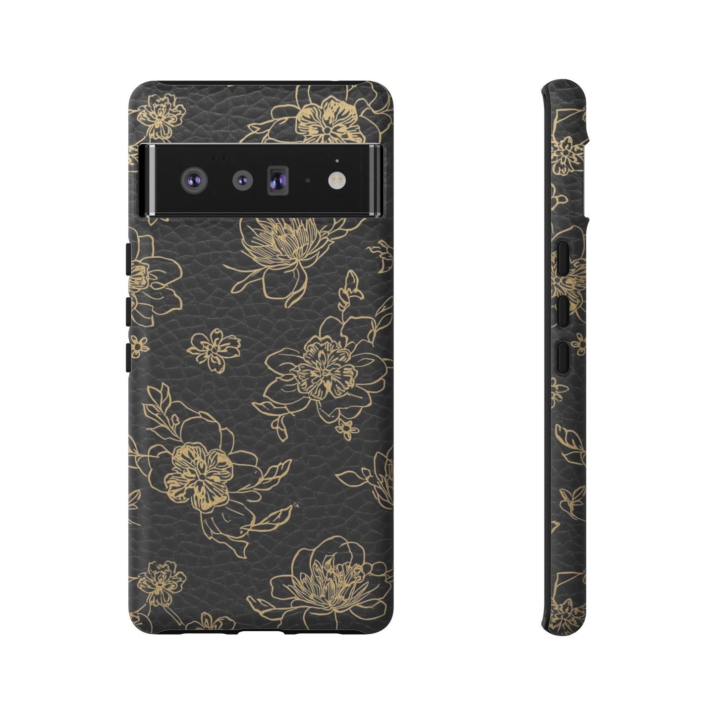 Floral Leather Phone Case — Gold Outline Flowers on Black Tough Case