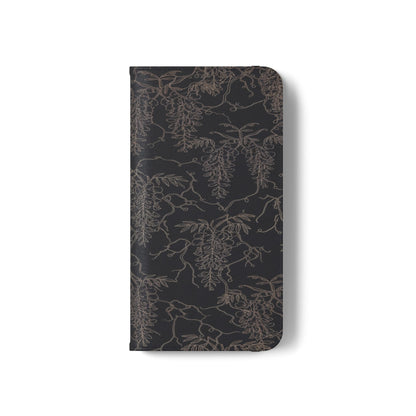 Botanical Noir Flip Phone Case — Dark Floral Wallet Cover with Card Slots