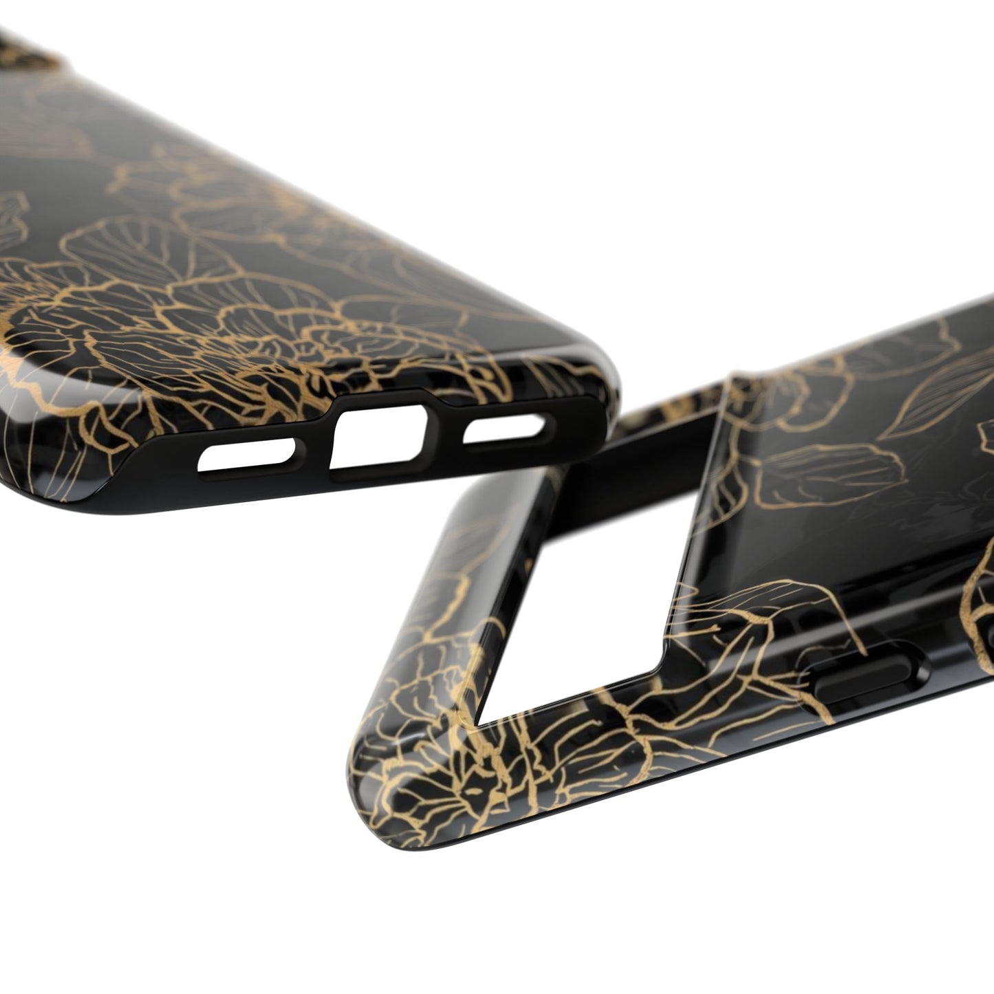 Floral Gold Outline Tough Phone Case – Black Botanical Protective Cover