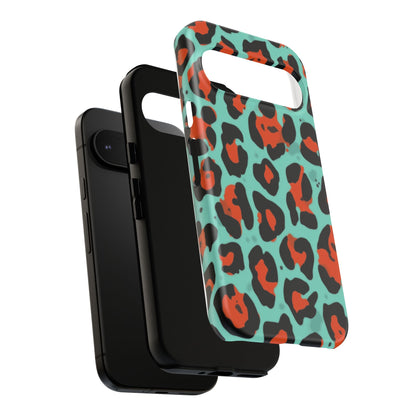Leopard Print Tough Phone Case — Teal & Rust Protective iPhone Cover