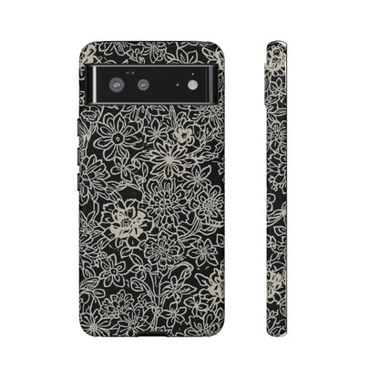 Floral Doodle Tough Phone Case — Black & White Sketch Flower Protective Cover