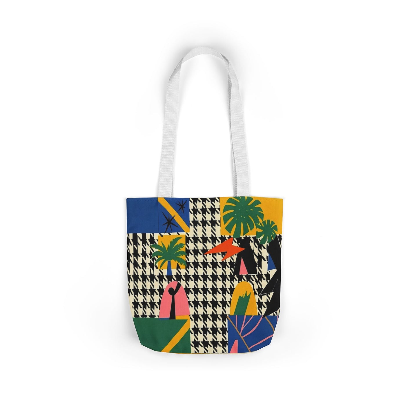 Tote Bag — Tropical Patchwork Canvas Tote with Palm & Houndstooth Print