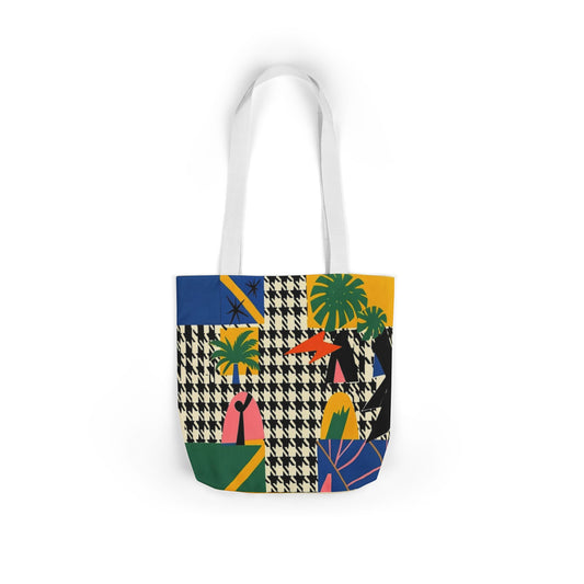 Tote Bag — Tropical Patchwork Canvas Tote with Palm & Houndstooth Print