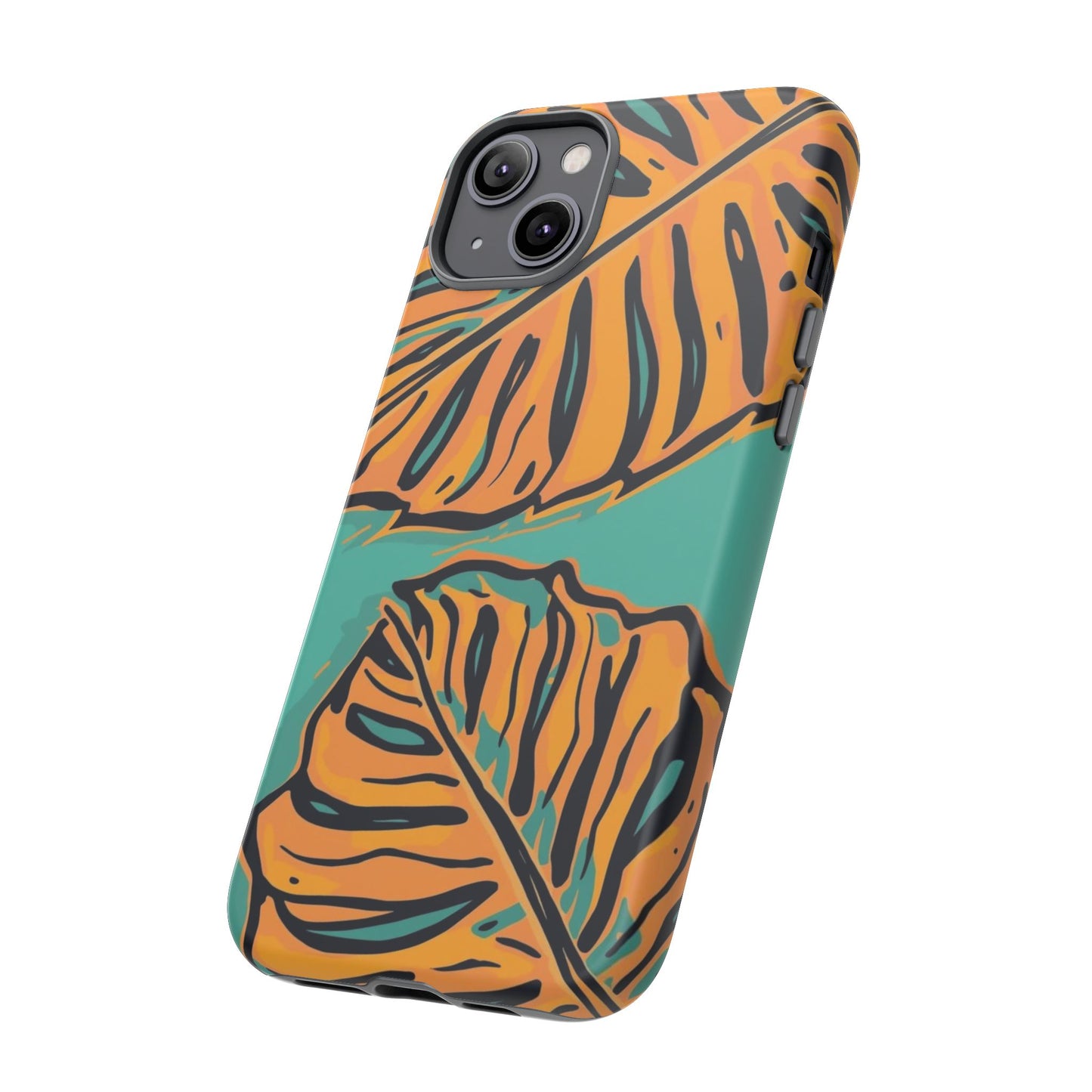 Tropical Leaf Tough Phone Case — Orange Monstera Design on Teal