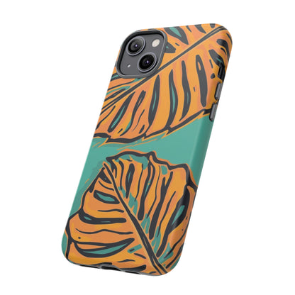 Tropical Leaf Tough Phone Case — Orange Monstera Design on Teal