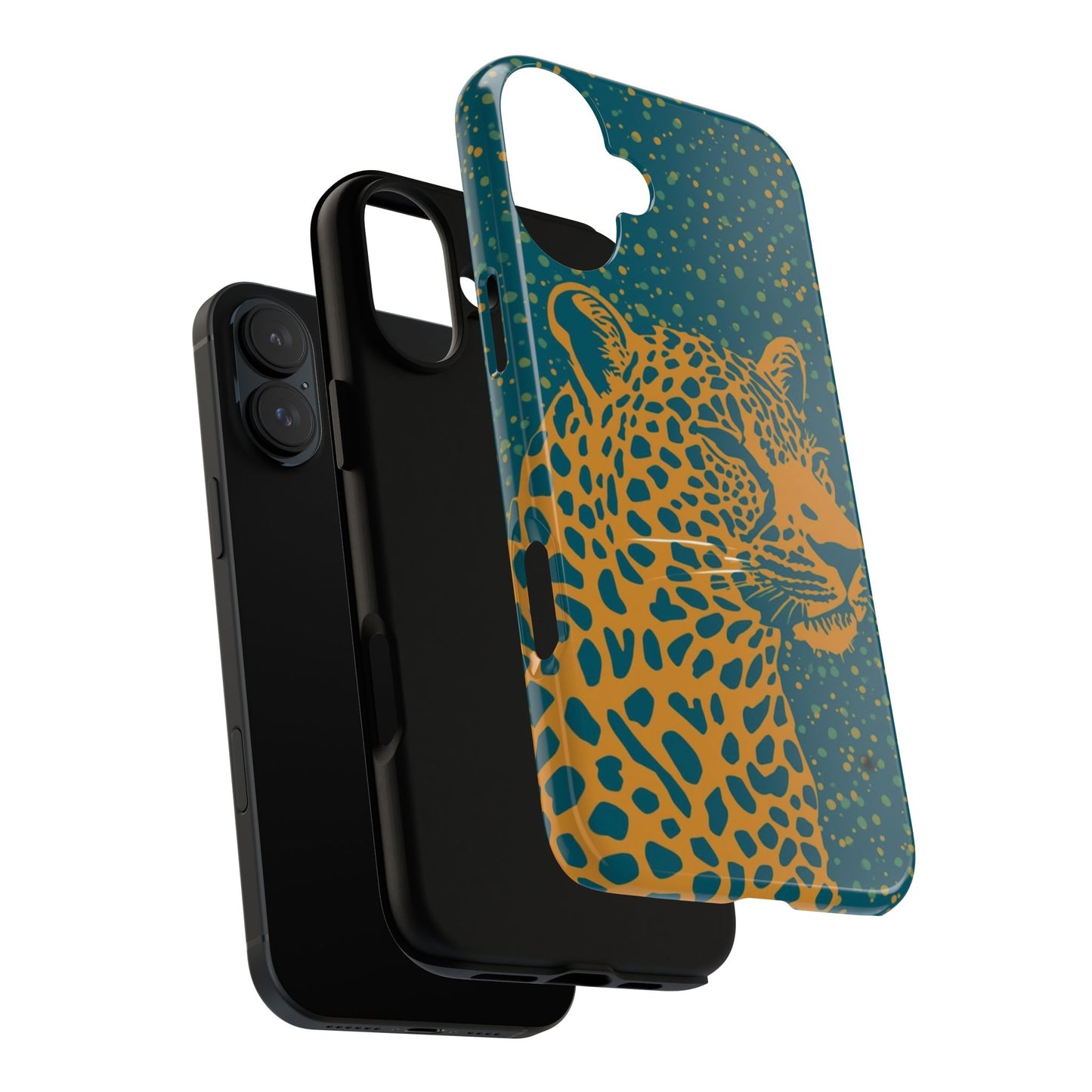 Leopard Print Tough Phone Case — Gold Panther on Teal, Protective iPhone Cover