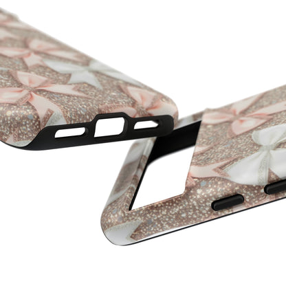 Glitter Bow Tough Phone Case — Pink & White Ribbon Protective Cover