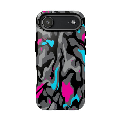 Camouflage Phone Case — Gray Camo with Neon Pink & Cyan Accent Tough Protective Cover