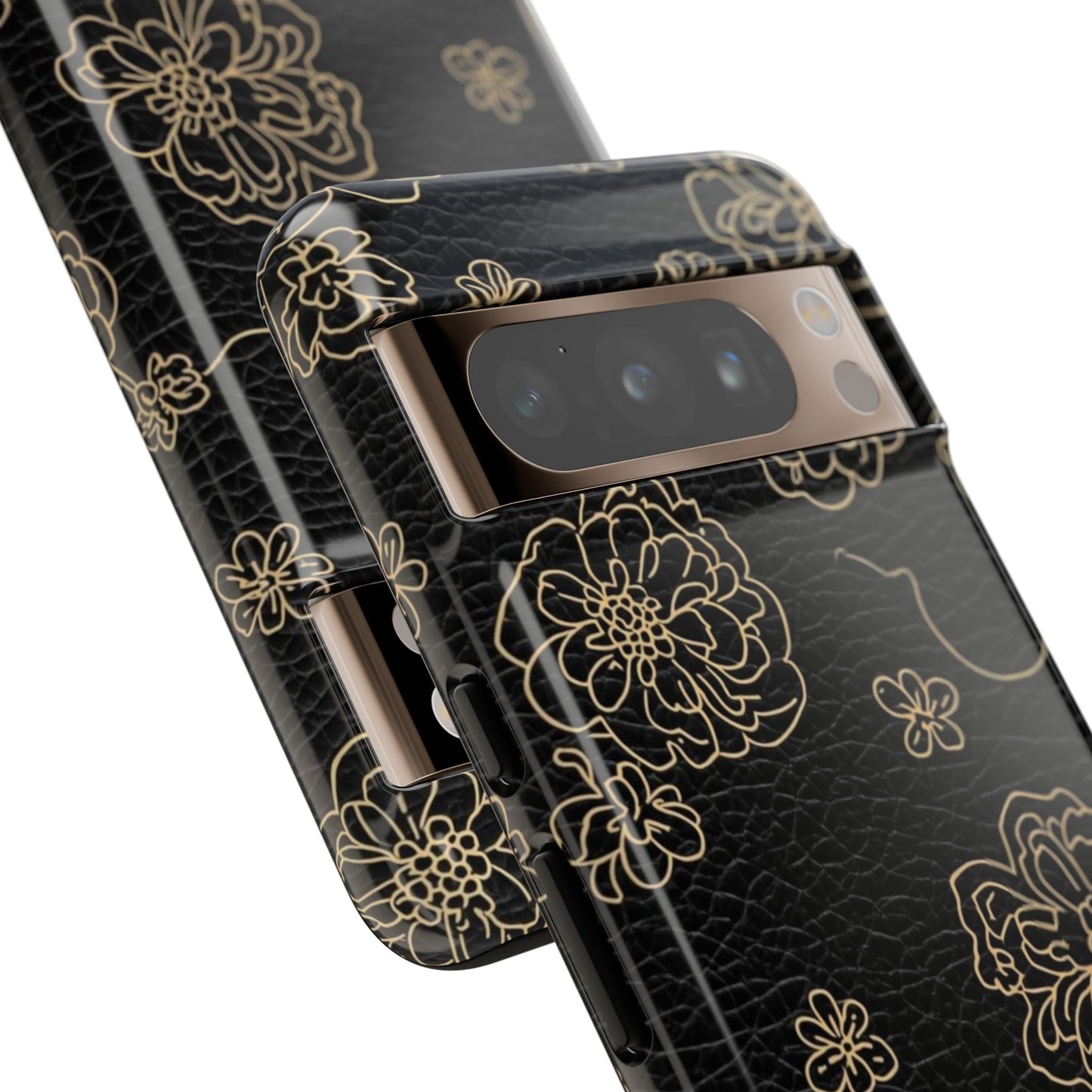 Floral Leather-Texture Tough Case – Black Gold Outline Phone Cover