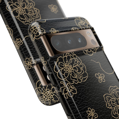 Floral Leather-Texture Tough Case – Black Gold Outline Phone Cover