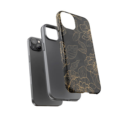 Floral Gold Outline Tough Phone Case – Black Botanical Protective Cover