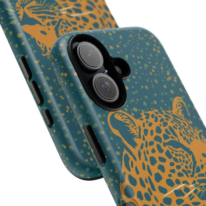 Leopard Print Tough Phone Case — Gold Panther on Teal, Protective iPhone Cover