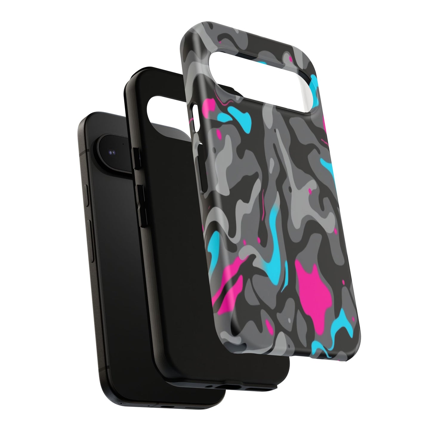 Camouflage Phone Case — Gray Camo with Neon Pink & Cyan Accent Tough Protective Cover
