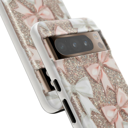 Glitter Bow Tough Phone Case — Pink & White Ribbon Protective Cover