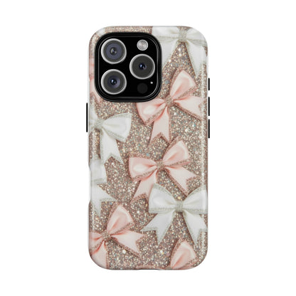 Glitter Bow Tough Phone Case — Pink & White Ribbon Protective Cover