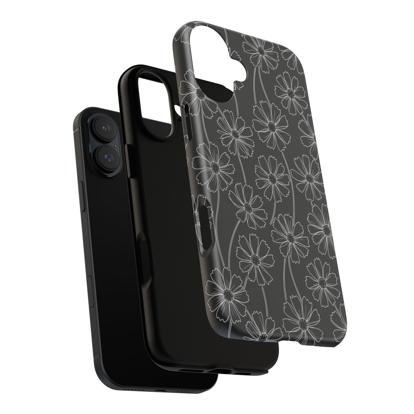 Floral Doodle Tough Phone Case — Black & Gray Daisy Pattern