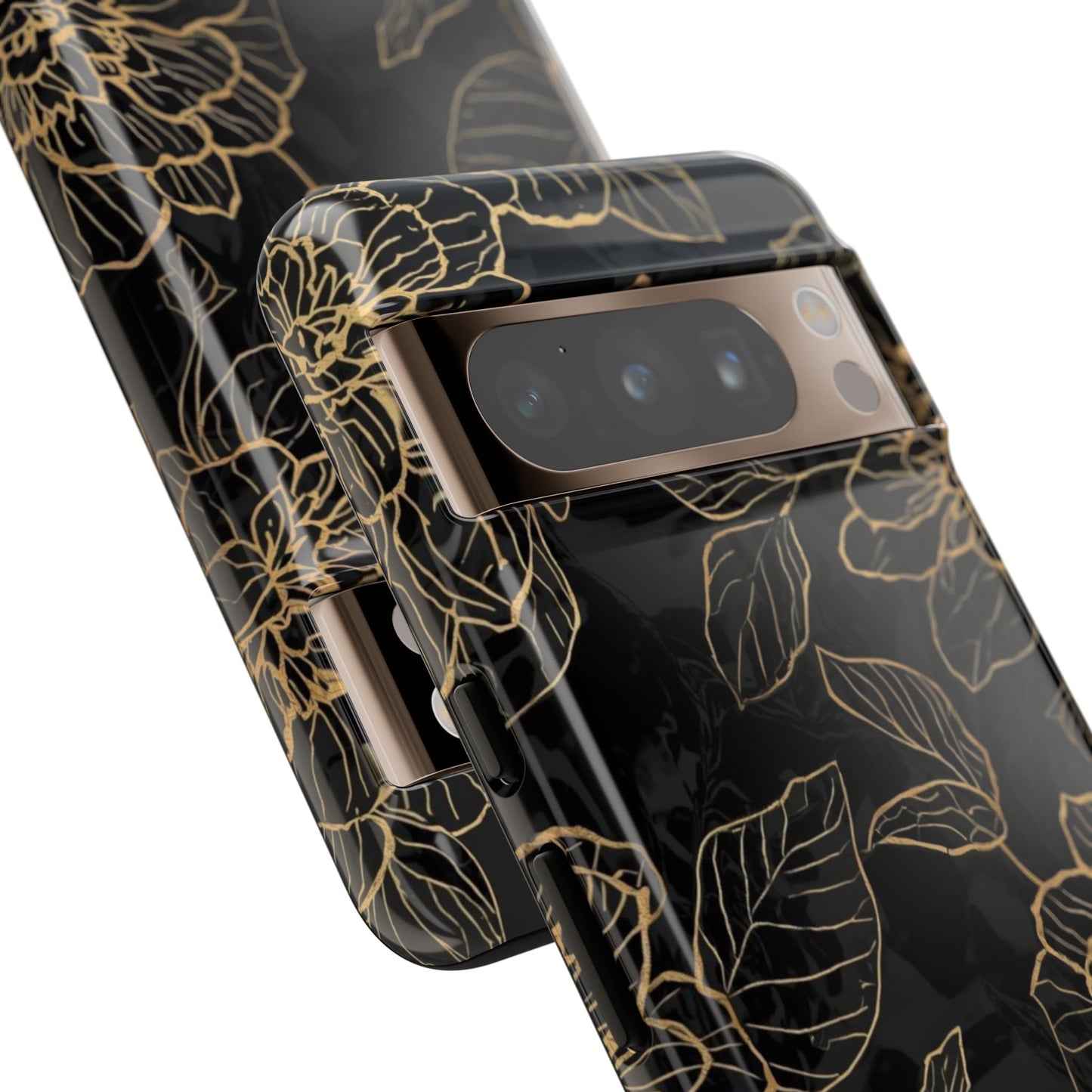 Floral Gold Outline Tough Phone Case – Black Botanical Protective Cover