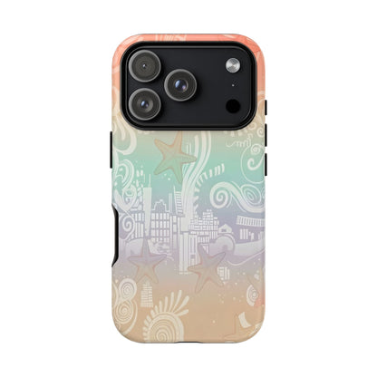 Tough Cases: Pastel Beach Pattern Phone Case — Starfish & Coastal Cityscape Protective Cover