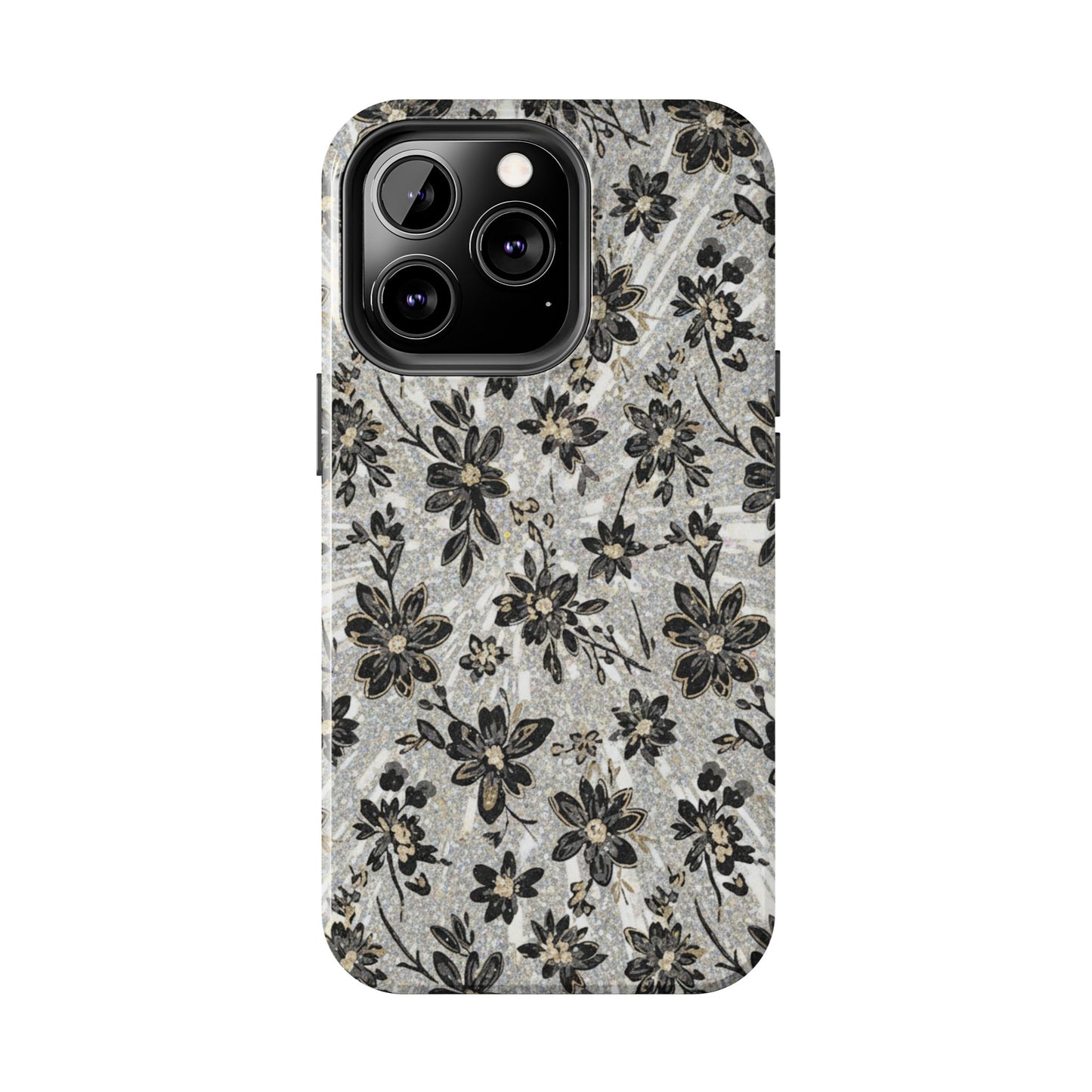 Floral Vintage Tough Phone Case — Black & Gray Rustic Flower Protective Case