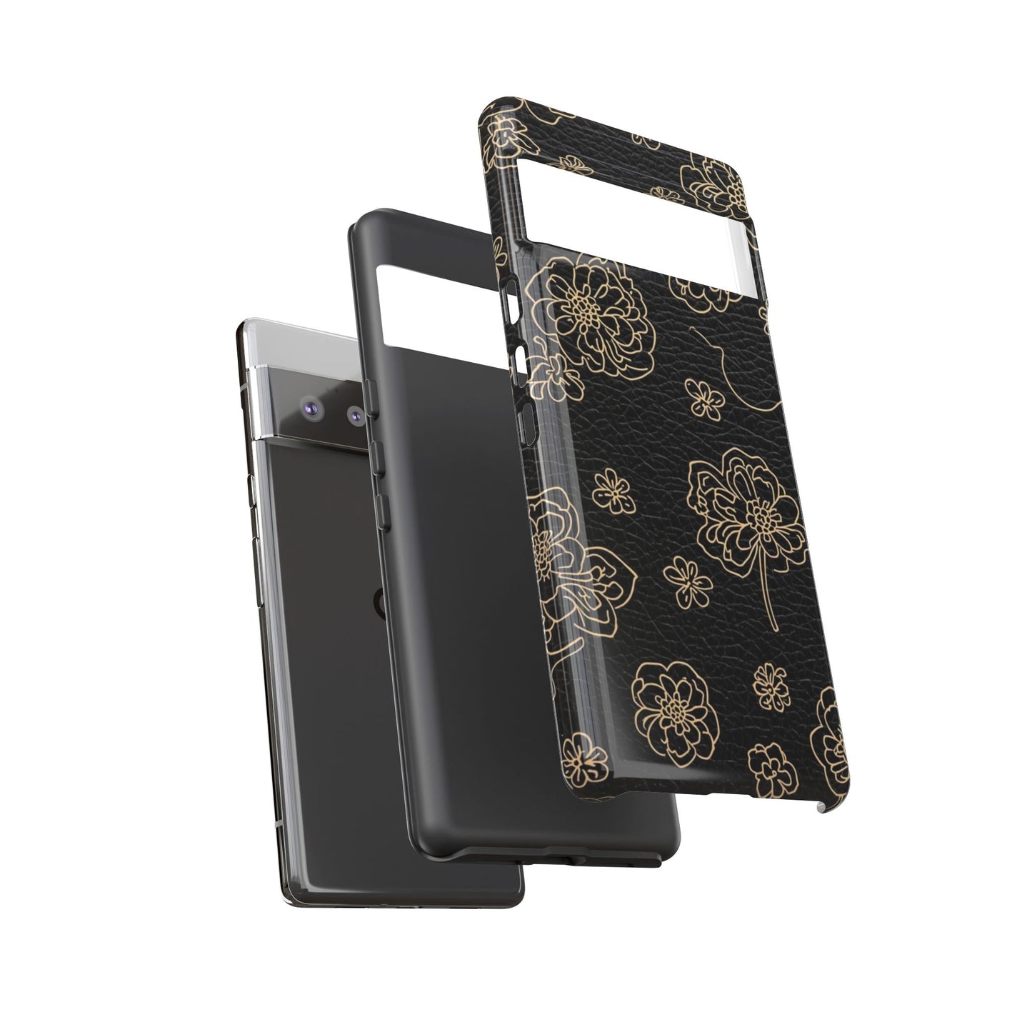 Floral Leather-Texture Tough Case – Black Gold Outline Phone Cover