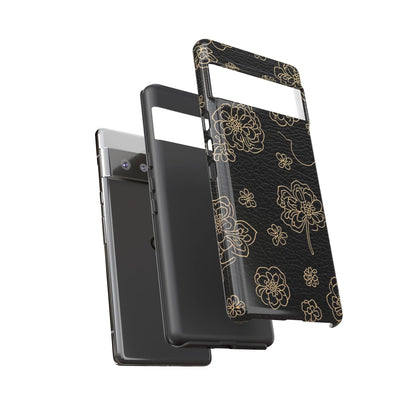 Floral Leather-Texture Tough Case – Black Gold Outline Phone Cover