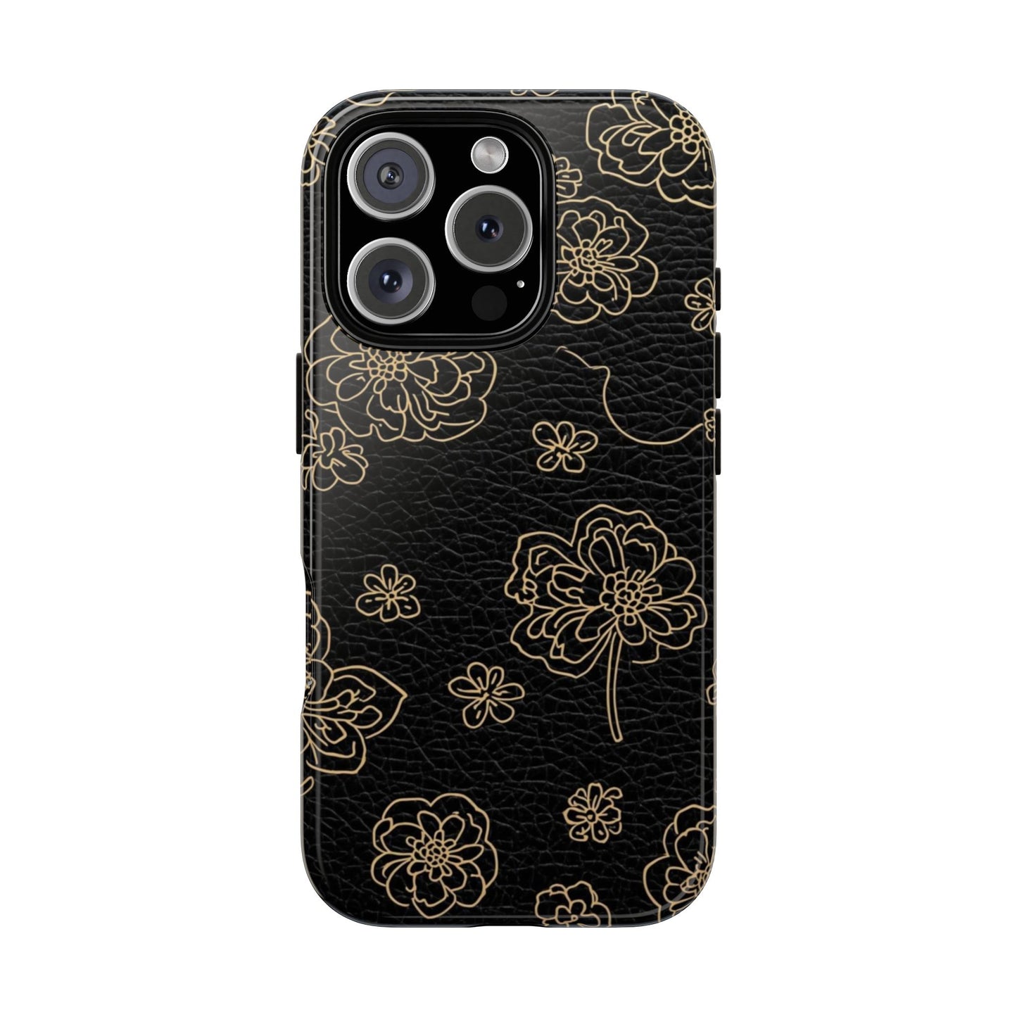 Floral Leather-Texture Tough Case – Black Gold Outline Phone Cover