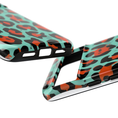 Leopard Print Tough Phone Case — Teal & Rust Protective iPhone Cover