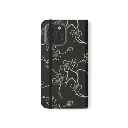 Black Cherry Blossom Flip Phone Case – Floral Wallet Flip Case with Card Slots