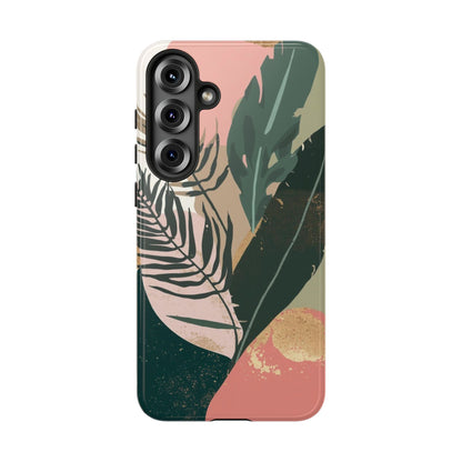 Tropical Leaf Tough Phone Case — Abstract Pink & Green Botanical Protective Cover