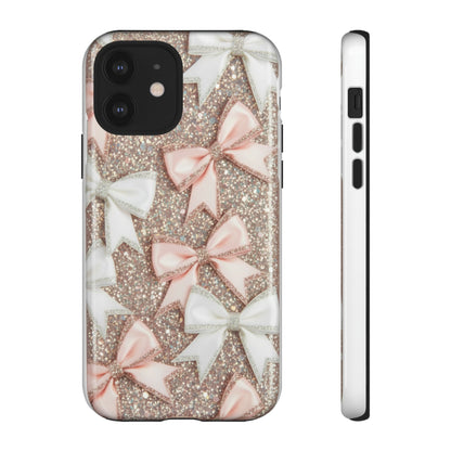 Glitter Bow Tough Phone Case — Pink & White Ribbon Protective Cover