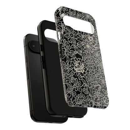 Floral Doodle Tough Phone Case — Black & White Sketch Flower Protective Cover