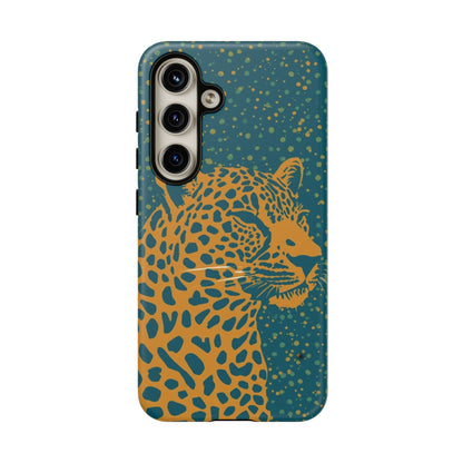 Leopard Print Tough Phone Case — Gold Panther on Teal, Protective iPhone Cover