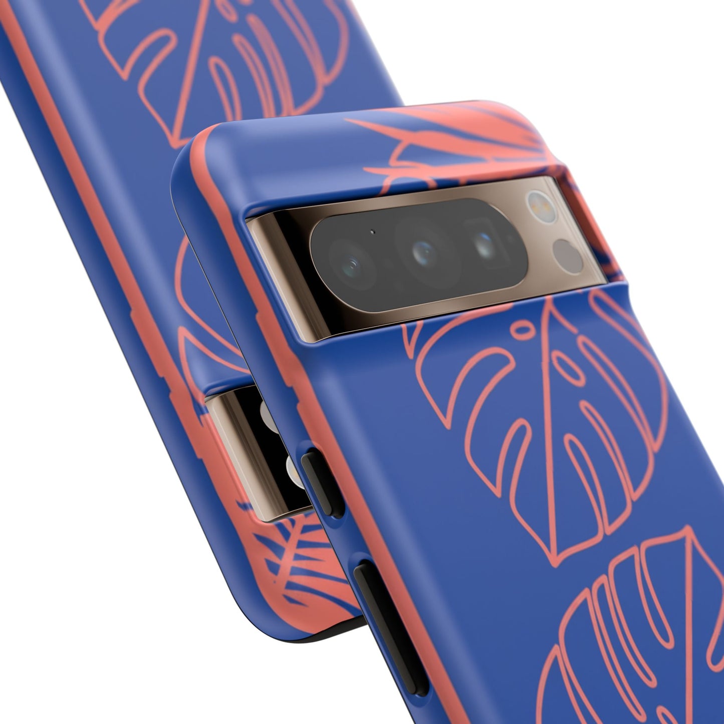 Tropical Monstera Phone Case — Blue & Coral Leaf Protective Cover